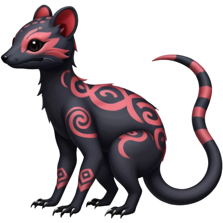 Rare warm-colored exotic gloomy tropical edgy cute epic aesthetic spooky  gothic colorful Salandit-Noibat-Civet-species-Fakemon-hybrid-creature, with tribal tattoo markings, full body emoji