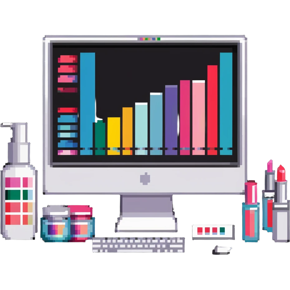 iMac computer with colorful bar charts and beauty products like lipstick, nail polish, cream jars on the screen emoji