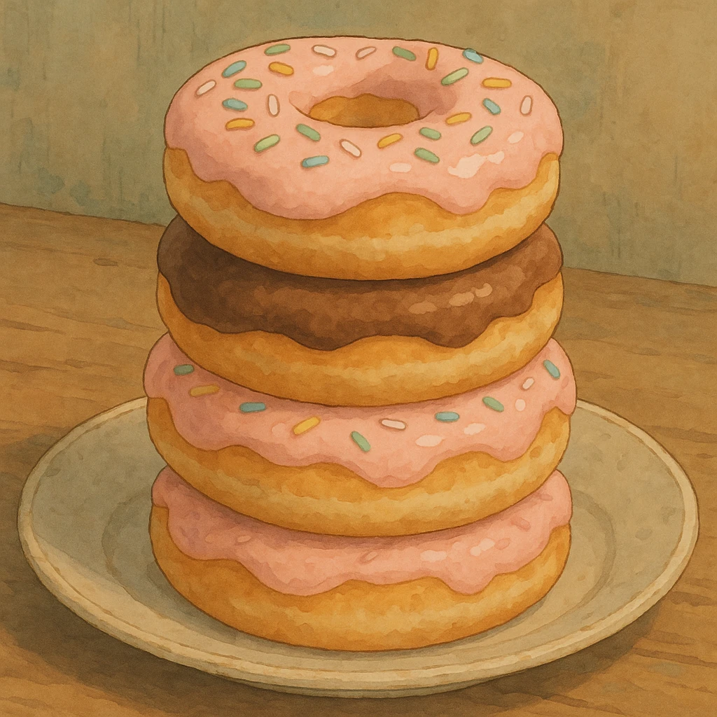 stack of donuts, detailed, soft colors, ghibli style emoji
