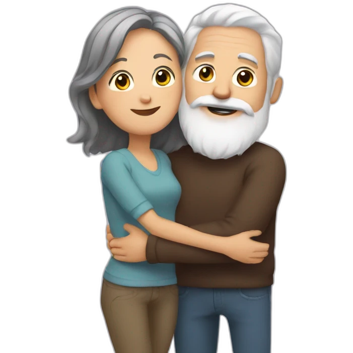 Man with gray hair and white beard hugs woman with dark brown hair emoji