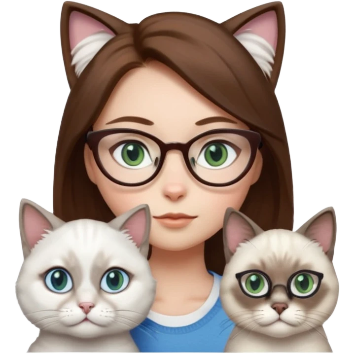 O fata cu parul saten cu ochii griji-albastrii ,ochelari și codițe de pisica ..și langa o pisicuță alba pufoasa ,cu ochii verzi și o a doua pisica siameza pufoasa cu capul maro -negru și coada ,restul corpului un maro deschis spre alb  , ochii albaștrii  emoji