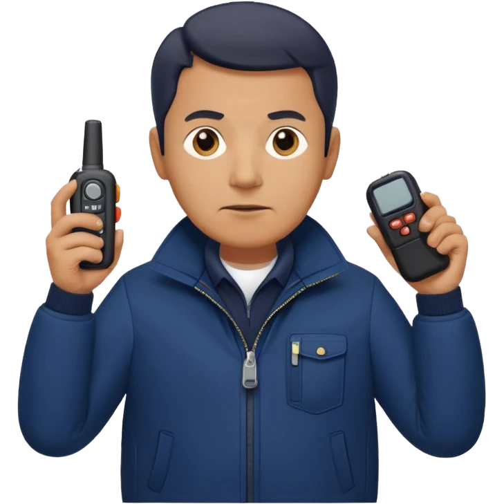 Security, Middle-aged, wearing navy blue jacket, serious facial expression, holding walkie-talkie, full body emoji