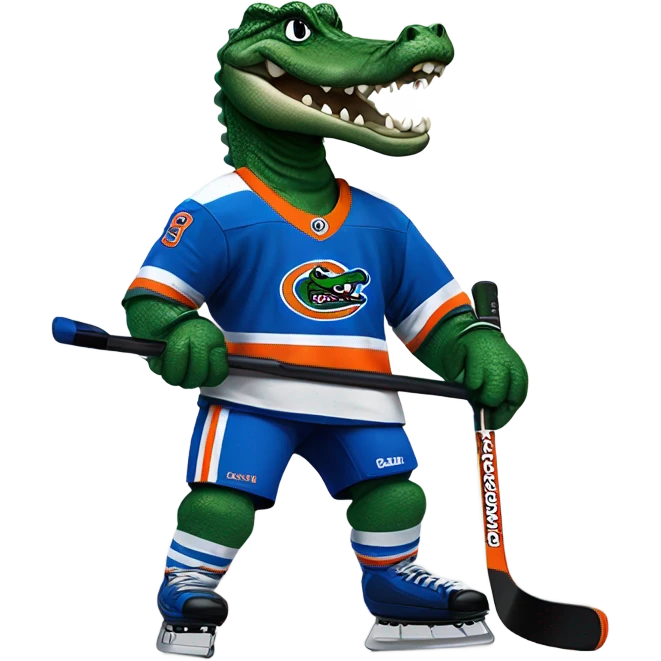 A gator playing hockey with a epic gators tv jersey and a visor emoji