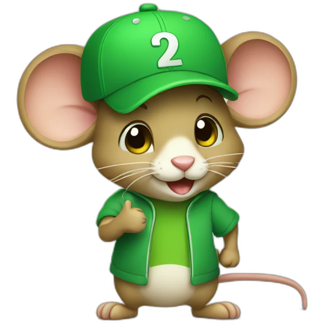 mouse with a green cap and green tshirt giving thumbs up emoji