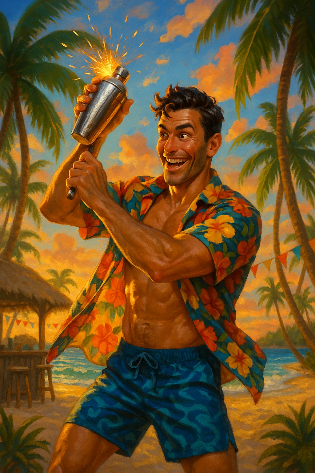 human male Unbuttoned Hawaiian shirt, swim trunks, shaking a cocktail shaker (sparks flying) emoji