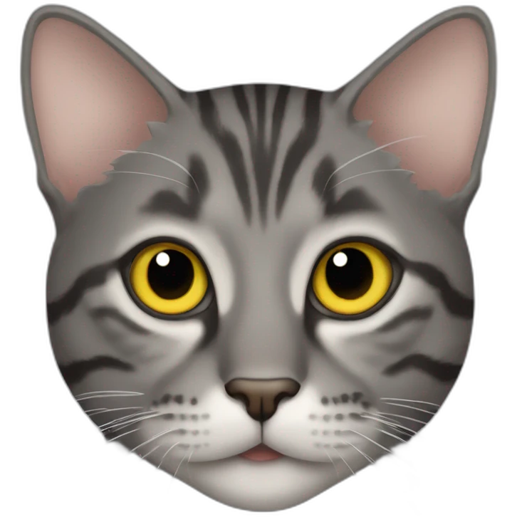 dark gray tabby cat with yellow eyes, black nose, some brown around mouth, left ear tip missing emoji