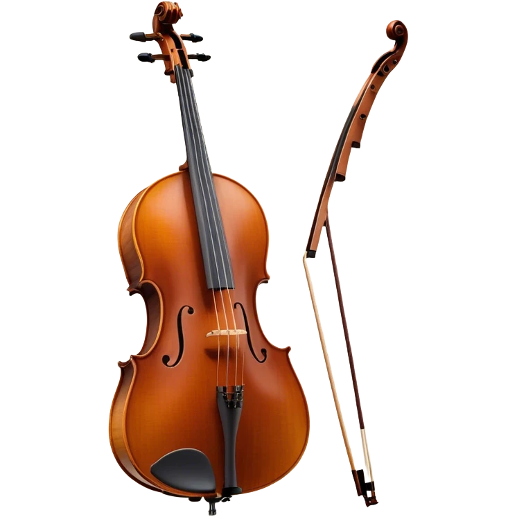 Create an elegant and refined emoji representing a Cremona 4/3F 4/4 cello with bow. The design should feature the distinctive, finely crafted body of the cello, highlighting its rich wooden finish and gracefully curved shape. The bow should be included, with visible horsehair and a polished wooden stick. Add subtle details like tuning pegs and strings to emphasize the precision and craftsmanship of the instrument. Use warm wood tones, deep brown, and soft metallic accents to reflect the high quality of the Cremona cello. The background should be transparent. emoji