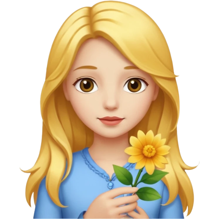 A girl with a flower in her hand, golden hair, and beauty. emoji