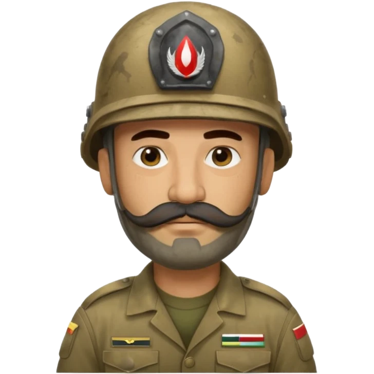 tired Iraqi military, in a helmet, with a moustache and beard emoji