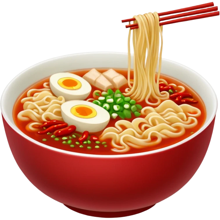 steaming ramen bowl with red broth and chili slices emoji