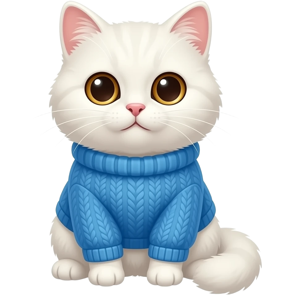 a sweetfluffy white cat with brown eyes, seated in a blue sweater emoji