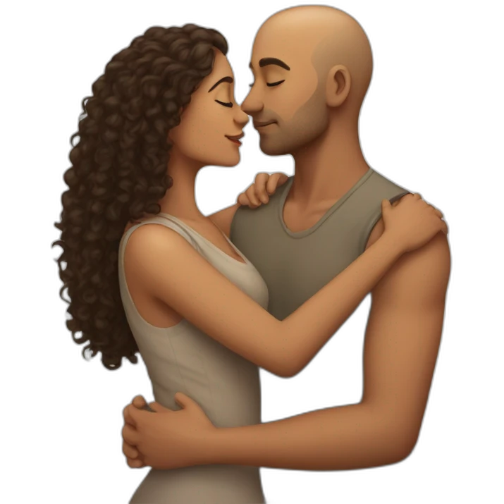 A indian race man with shaved head kissing a indian woman with curly hair short, Who embrace each other tenderly emoji