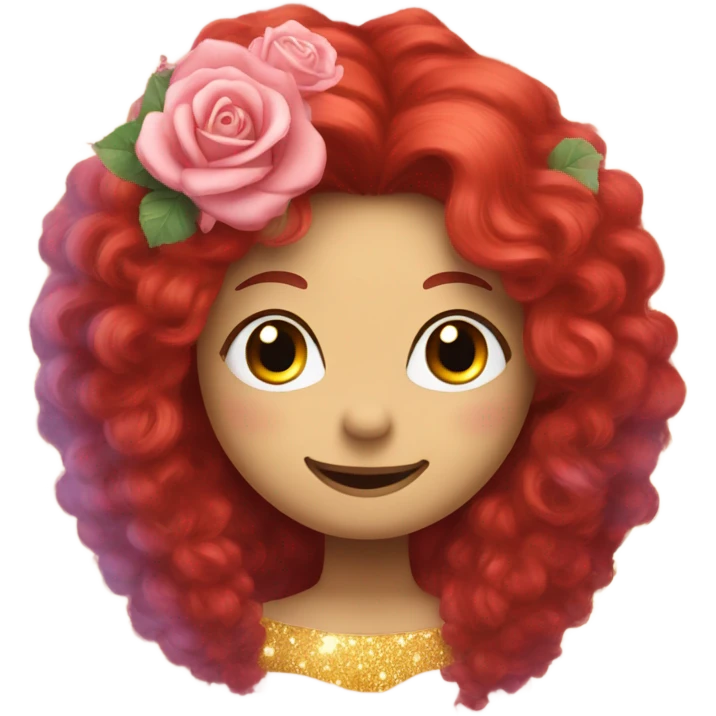 Smiley face with long red fluffy hair and roses and sparkles around him  emoji