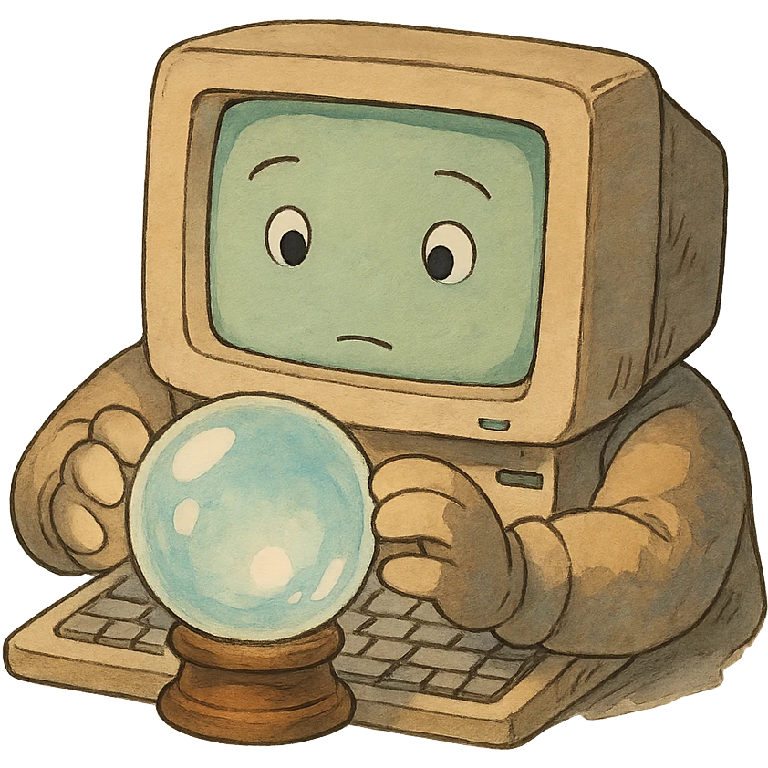 ghibli style computer reading a crystal ball emoji