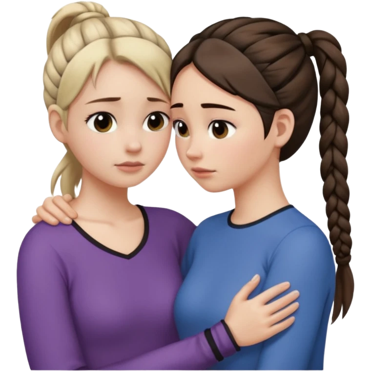 Comforting Hug two white skin women, one shorter woman with medium brown simple top ponytail, not braided, and one taller skinny sad face woman with a single long black side braid emoji