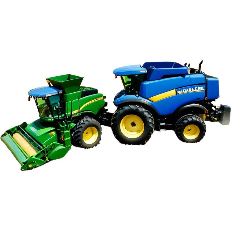 Baler – New Holland Roll-Belt 560 (2018) – Cinematic-realistic John Deere 6155M tractor towing a New Holland Roll-Belt 560 baler, its deep green body contrasting with the bright blue baler. The massive machine moves steadily through golden fields, compressing freshly cut hay into tight round bales, while dust swirls under the blazing afternoon sun. emoji