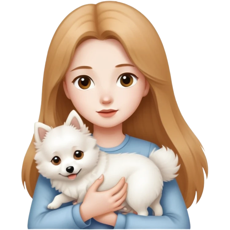 long light brown hair girl with pale skin holding one white Japanese spitz dog in her arms emoji