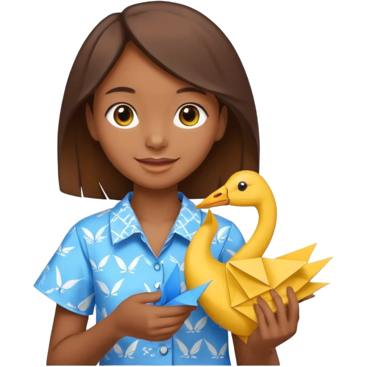 happy-african-young-girl-with-brown-hair-in-a-white-colorful-vintage-kanga-shirt-holds-an-origami-yellow-and-blue-crane emoji