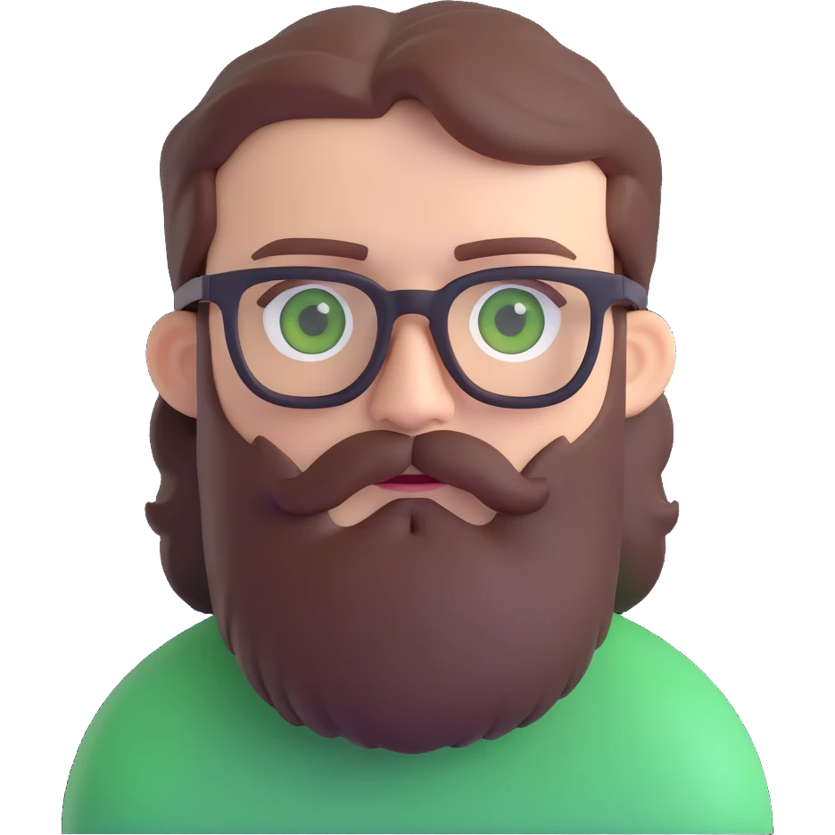 white male mid 30s green eyes black square glasses long brown beard with short brown hair emoji