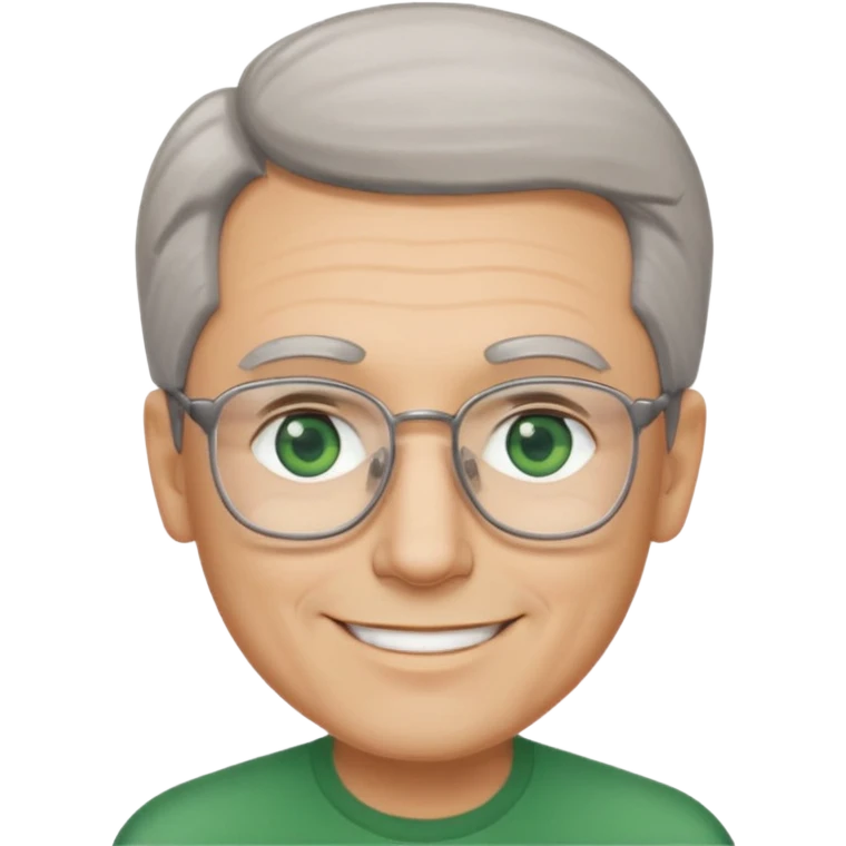 Man with receding hair, grey hair only on the sides, green eyes, rectangular reading glasses, rounded clear face, with a smile emoji