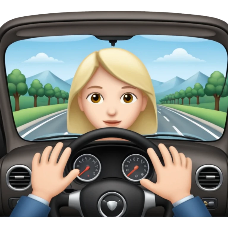 Crea un emoji con fondo transparente en PNG de una persona manejando un vehículo, que se vea desde el parabrisas frontal. emoji