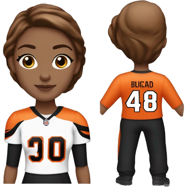 Caucasian ￼women with brown hair wearing a Cincinnati bengals jersey emoji