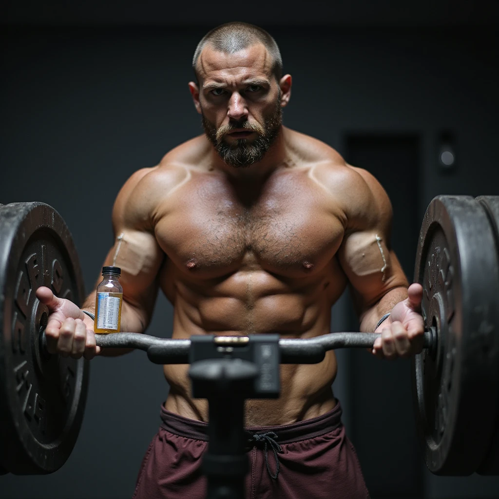 realistic powerlifter athlete during deadlift, syringe and bottle of AAS near weights, doubtful look, very developed muscles, isolated on white background emoji
