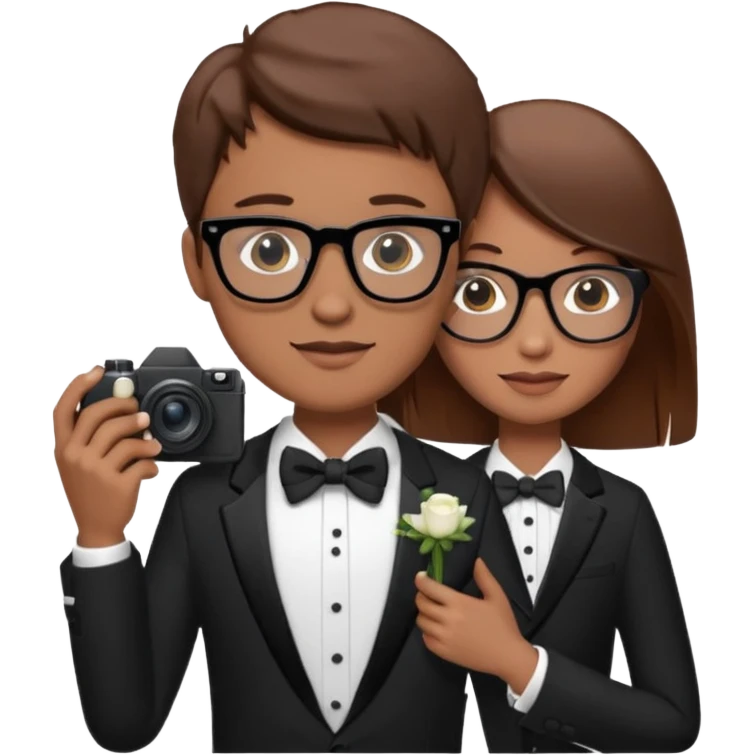 Un fotógrafo con pelo moreno, gafas, cámara en la mano derecha, fotografiando una boda emoji