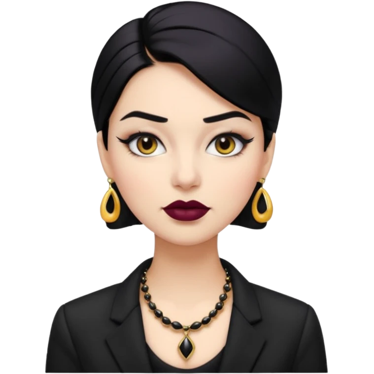 “Emoji girl, sculpted contour, bold dark lipstick, defined brows, sharp eyeliner, sleek black hair updo, statement necklace, black blazer.” emoji