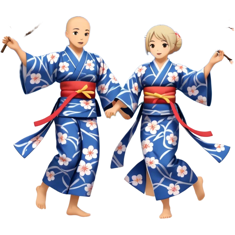 Cinematic Realistic scene of two performers engaging in Bon Odori, dressed in traditional yukata with intricate summer patterns, captured in graceful, rhythmic motion with warm, festive lighting emoji