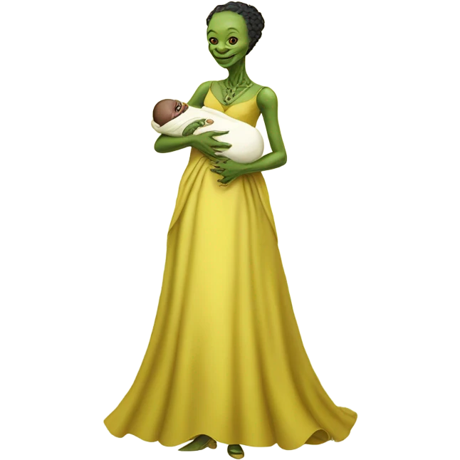  Reptilian alien woman smiling, full body, in victorian jellow elegant dress, holds a newborn white humman baby emoji
