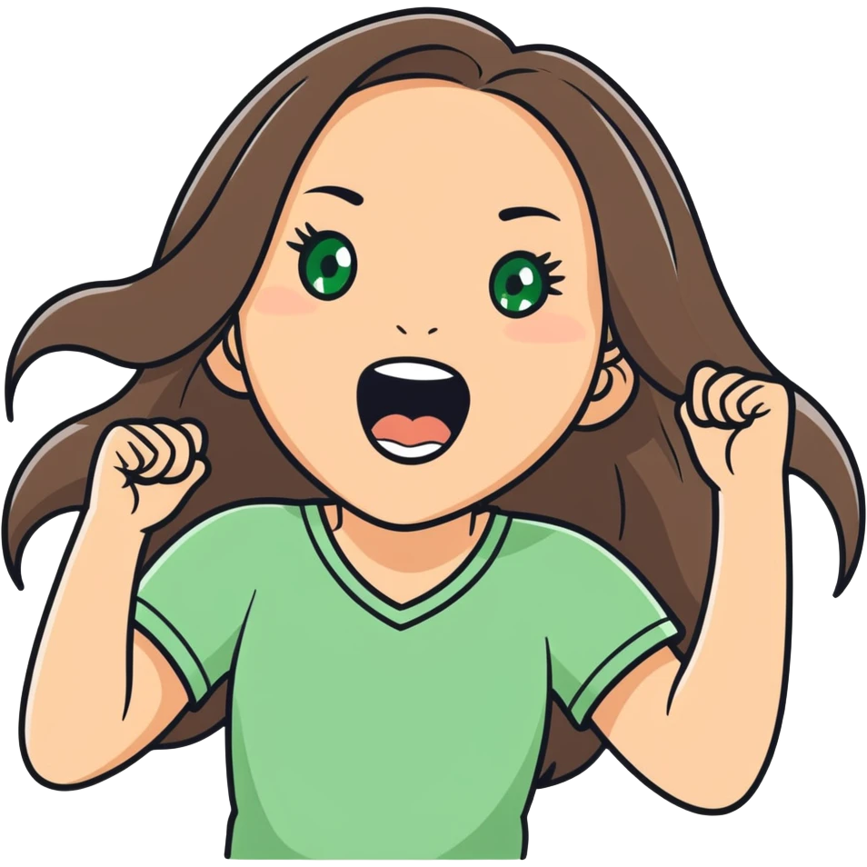 white girl, long brunette hair, green eyes screams with delight and rejoices in victory emoji