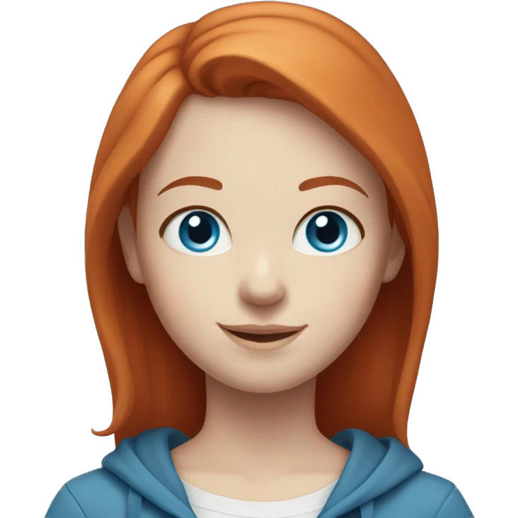 Red haired girl with blue eyes and pale skin wears a blue hoodie. She is smiling. emoji