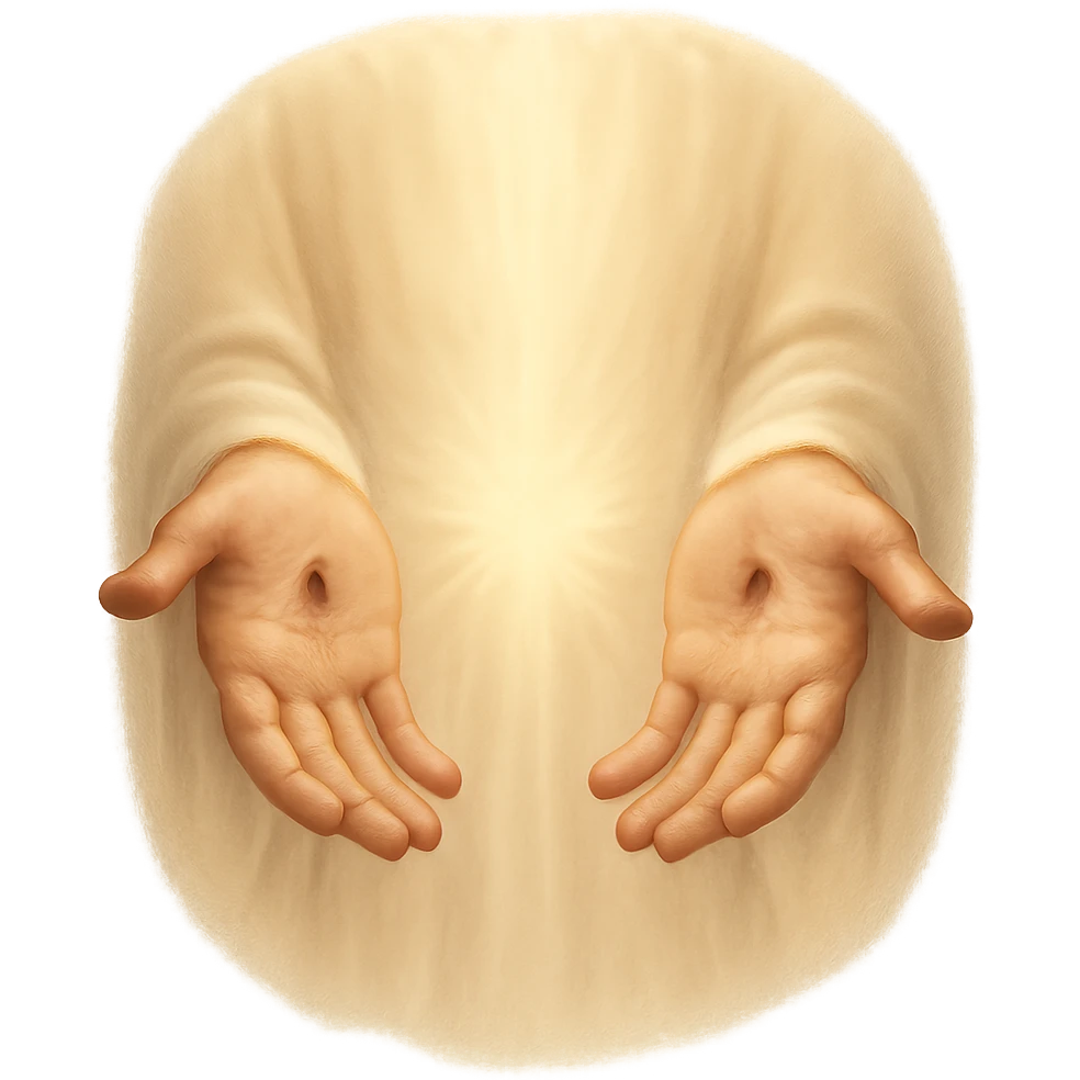 Resurrected Jesus' hands, gentle scars in the center, symbolizing hope and forgiveness, serene and holy, spiritual atmosphere emoji