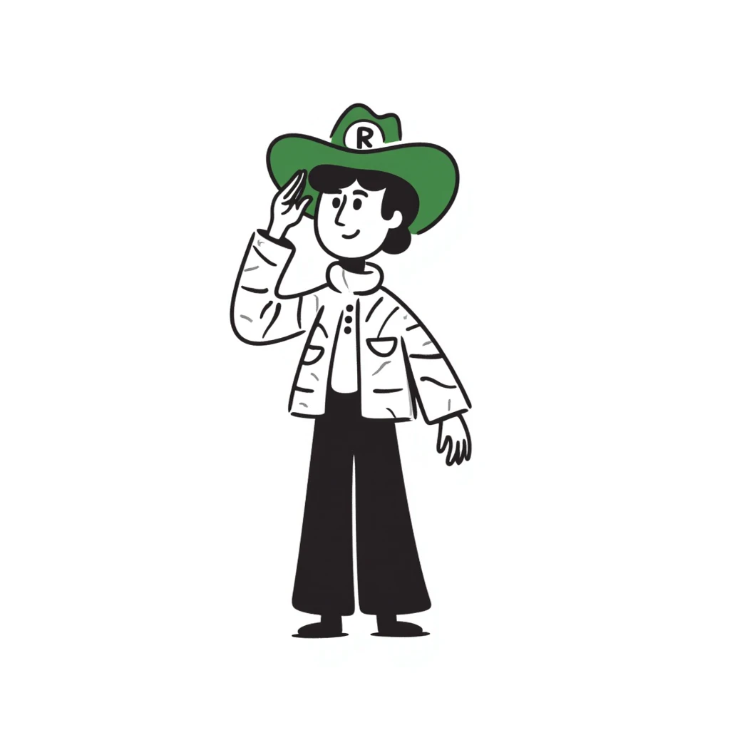 Cowboy wearing green hat with letter R on it emoji