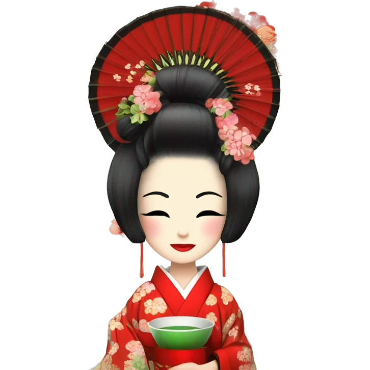 Geisha. kimono rojo. ojos verdes. ceremonia del té  emoji