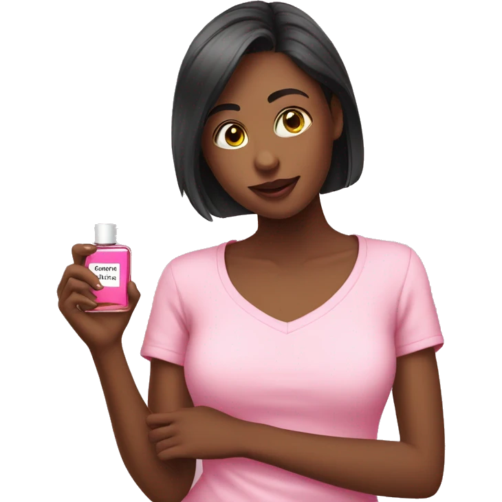 girl is holding a perfume and she in pink T-shirt   emoji