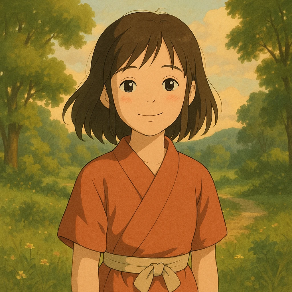 cute Japanese girl, ghibli style, gentle smile, natural background, warm tones emoji