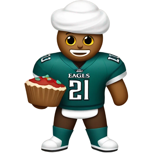 Gingerbread man making cupcakes wearing an eagles jersey emoji