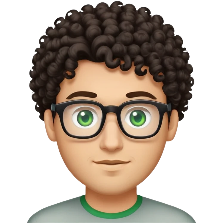 young man with dark tall voluminous curly hair styled up high on head, wearing glasses with green eyes and very light stubble, with a slight smile emoji