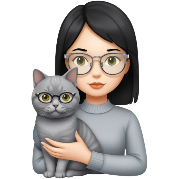 A girl wear silver mental glasses black hair holding a British short hair cat and a Chartreux emoji