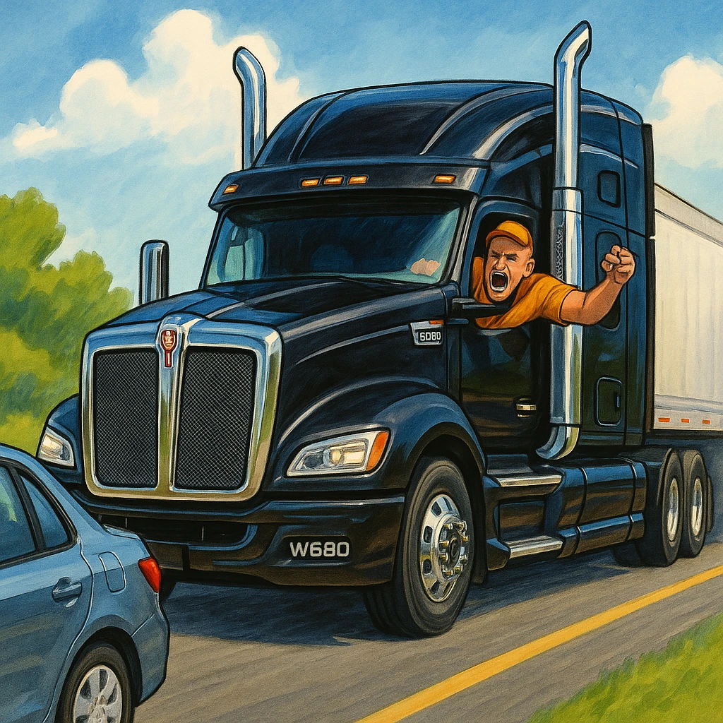 2026 Kenworth W680 semi sleeper truck, black with chrome stack, on a road behind a car. The driver is angry, bald, wearing an orange shirt and a baseball cap, with arm out the window. Colorful and expressive scene with clear road and vehicles. emoji