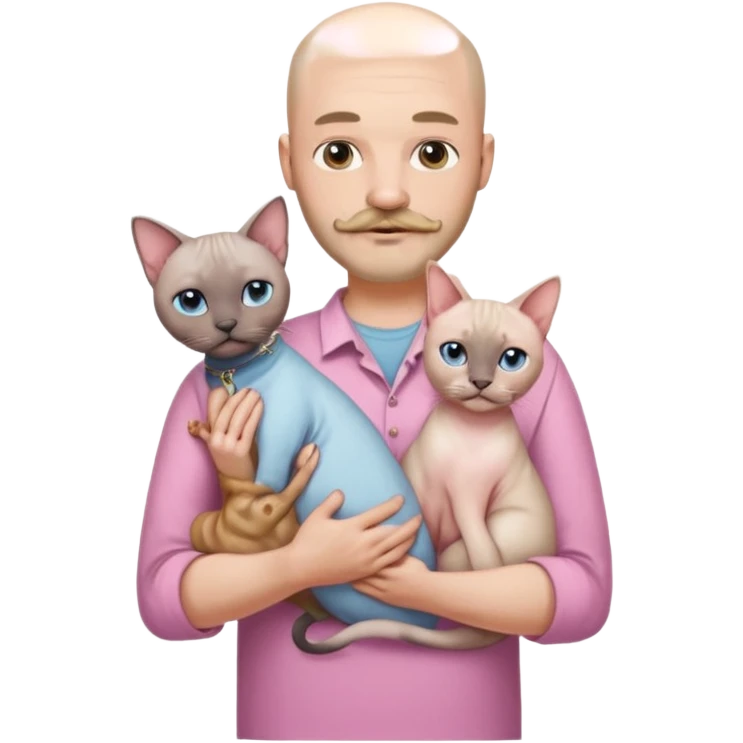 A bald white man in a shirt with a moustache and beard is holding a Siamese cat in his arms. Next to him stands a woman with light hair in a pink dress, holding a white Sphynx cat in her arms emoji
