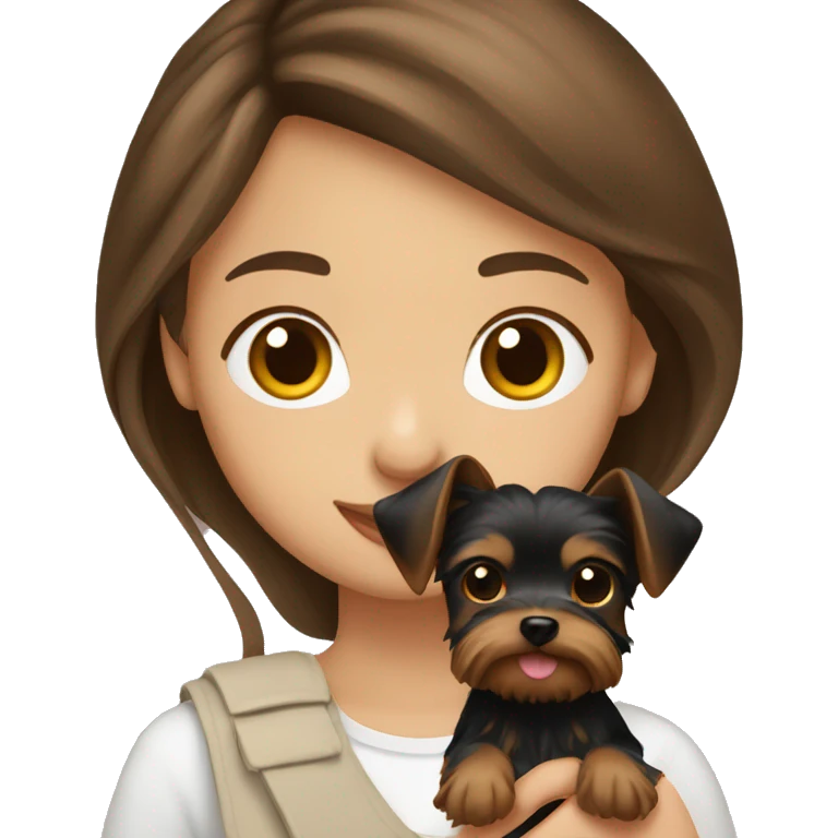 girl with brown hair and brown eyes holding a yorkie emoji