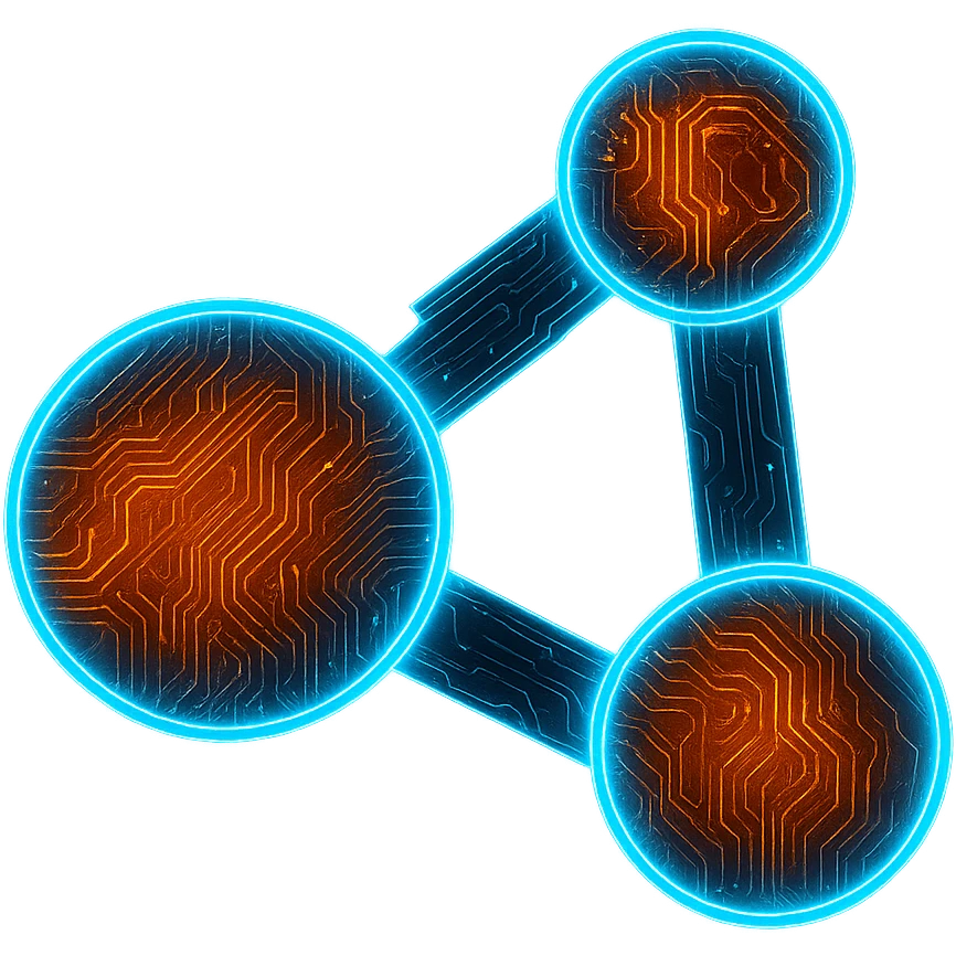 Transform the BeamNG logo into a cyberpunk, holographic style with glowing neon blue and orange edges. Add intricate circuit patterns throughout the three orange circles and black connectors. Maintain the recognizable three orange circles and black connectors, overlaying neon and circuit effects in a futuristic, clean cyberpunk style with consistent glow and intricate circuit details. The background should be transparent. emoji