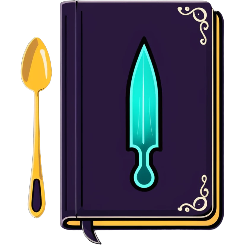 Fantasy spellbook-style cookbook with ethereal fork and spoon symbol glowing on the cover, magical recipes collection emoji