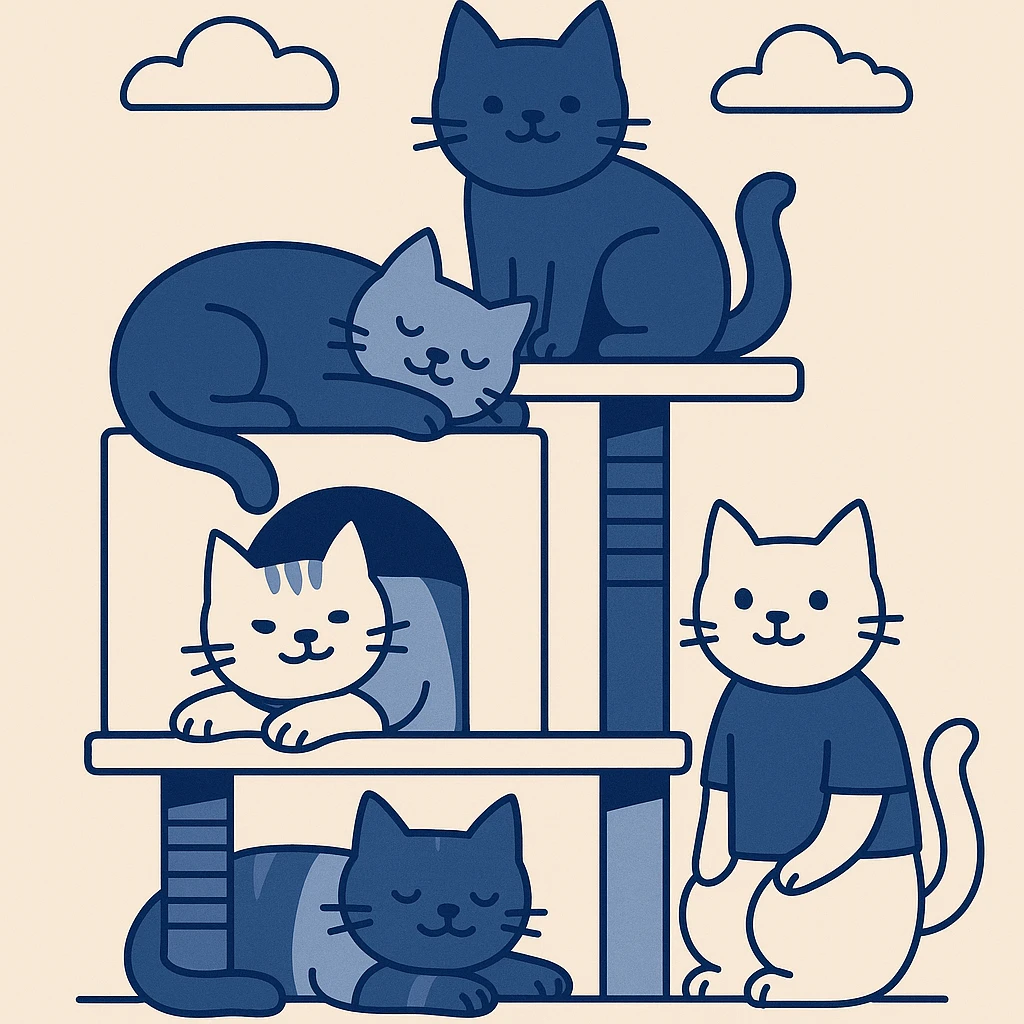 cats relaxing in a vertical playhouse emoji