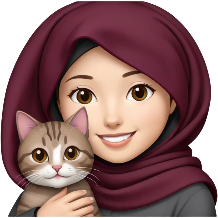 Asian white Girl wearing dark maroon hijab with white shirt smiling while holding a black brown grey tabby cat emoji