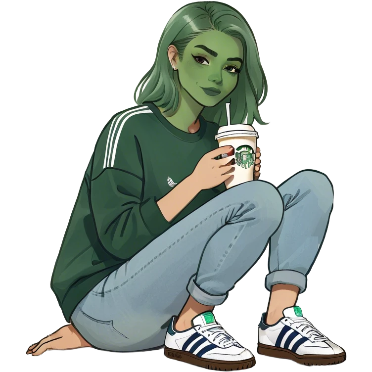 Girl wearing light blue denim jeans and adidas samba shoes with a navy sweatshirt holding a Starbucks coffee emoji