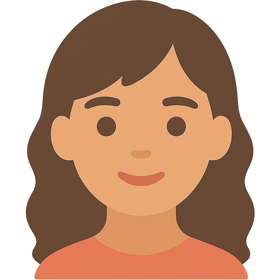 portrait of an Asian girl with medium brown wavy hair and brown eyes, color icon style emoji